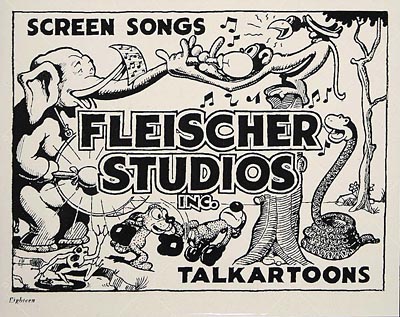 Lobby cared that says SCREEN SONGS / FLEISCHER STUDIOS INC. / TALKARTOONS with animal characters in the background